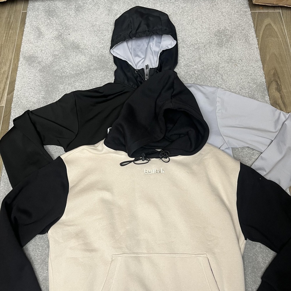 Twitch Hoodie Sweatshirt Mens Medium Black Gray Tan Colorblock Gaming Lot 2